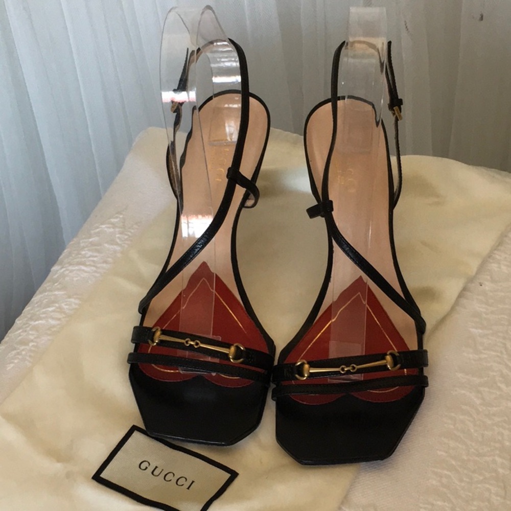 Gucci Victoria Black Leather Horsebit Slingback Heels with Red Accents 7.5